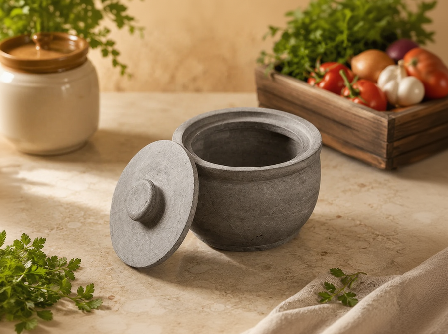 Hand Seasoned Soapstone Jar with Lid (Curd Setter & Multipurpose Storage)
