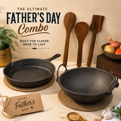 The Dad's Kitchen Legacy Set – Cast Iron Kadai + Skillet + Wooden Spatula Combo