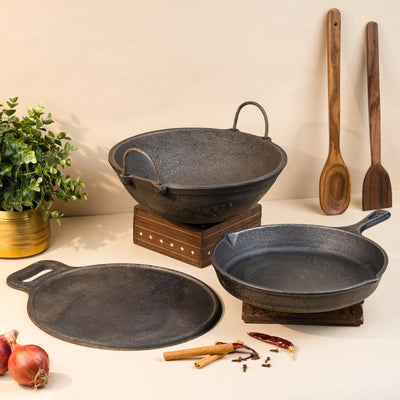 Cast Iron Cookware Set: Dosa Tawa 10" + Mini Kadai 8"+ Fry/skillet Pan 6"