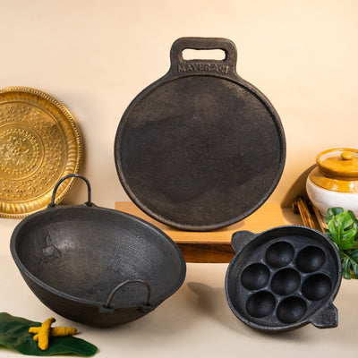 Cast Iron Cookware Set: Dosa Tawa 10" + Kadai small (9")+ 7 pits Paniyaram