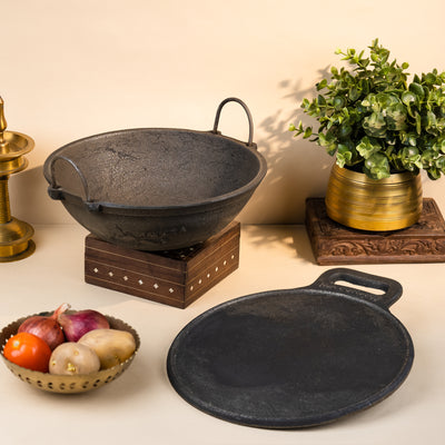 Cast Iron Cookware Set: Traditional Kadai 9" + Dosa Tawa 10"